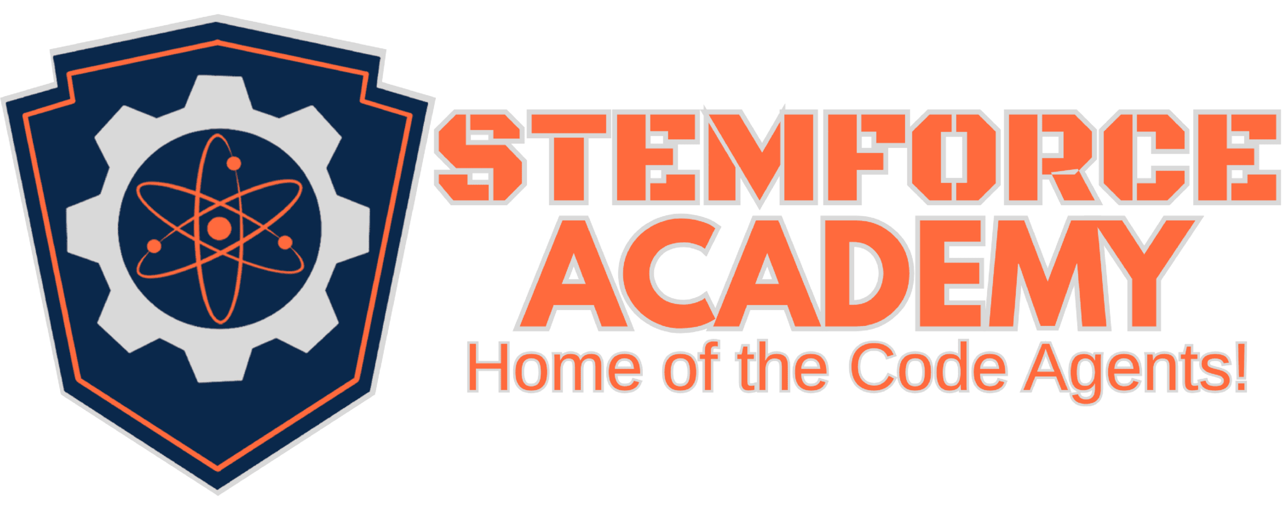 The Stemforce Academy logo features a navy blue shield with a gear and atom symbol, accompanied by orange text reading 'STEMFORCE ACADEMY - Home of the Code Agents!'