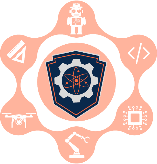 A circular infographic with a central shield badge containing a gear and atom symbol, surrounded by coral-orange rounded sections featuring icons representing robotics, coding, artificial intelligence, and technology development.
