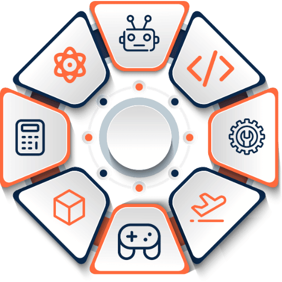 A circular arrangement of technology and development service icons in orange and blue with a central blank circle representing digital solutions and IT services.